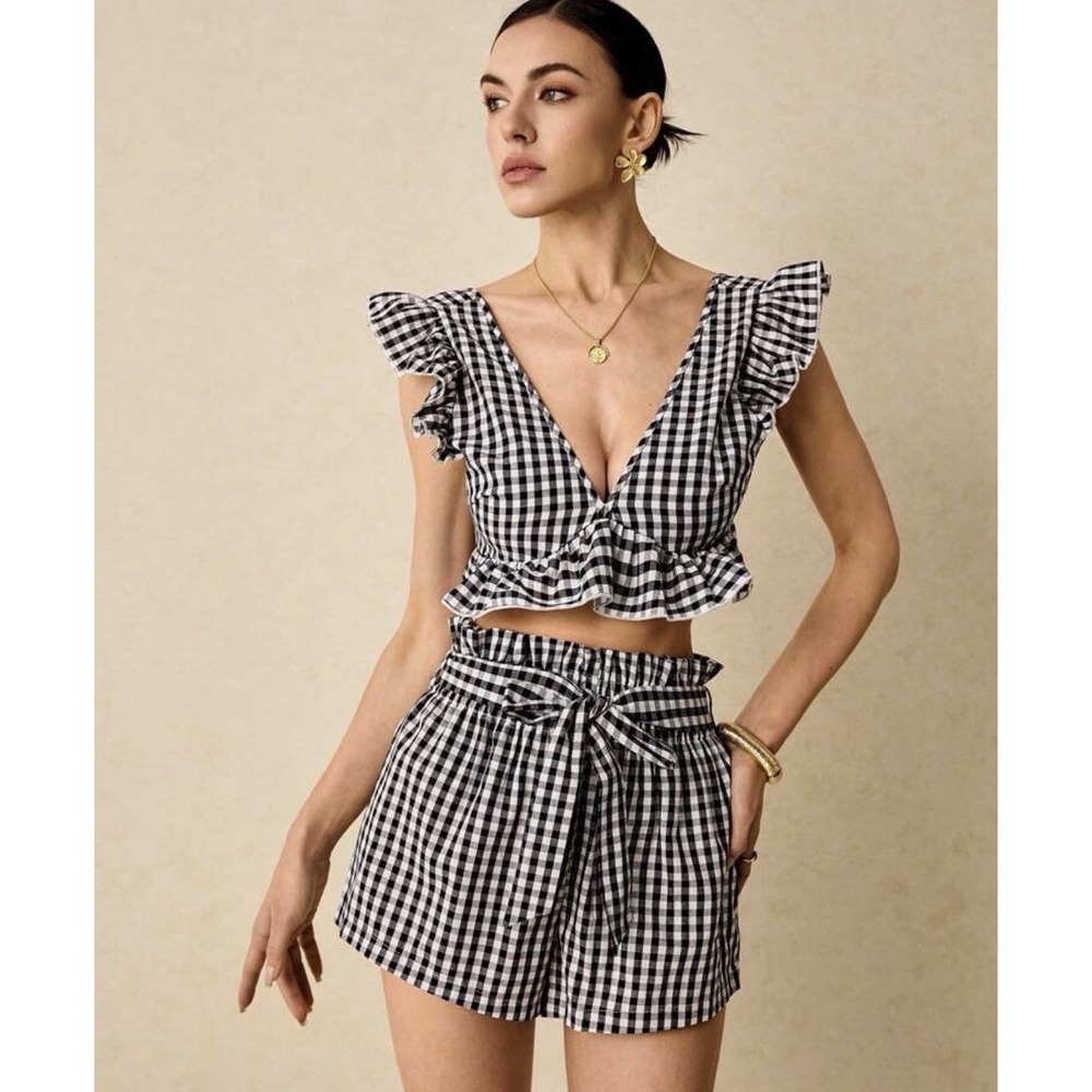New Cotton Gingham Women's Small Smocked Ruffle Tie Back Crop Top Black White